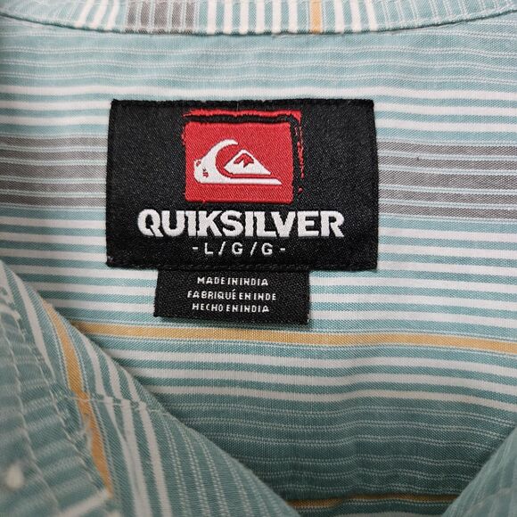 Quiksilver Shirt Men's Large Green Striped Button Up Cotton Blend Pockets GUC - Picture 3 of 8